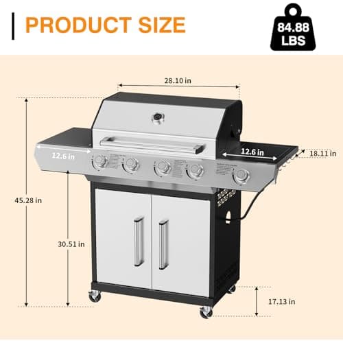 4 Led Burner Propane Gas Grill with Side Burner, Stainless Steel Gas Grill with Built-in thermometer & Enameled Cast Iron Grates, 60,000 BTUs Output for Outdoor Cooking and Patio Backyard Barbecue