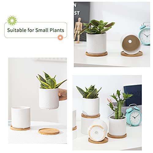 AOMRYOM 4 Inch Ceramic Plant Pots with Drainage Hole and Saucer, Modern Small Indoor Outdoor Flower Planter for Succulent, Cactus and Herbs, Geometric Patterns, White, Set of 4 (Plant Not Included)