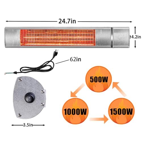 Wall-Mounted Patio Heater for Outdoor Use Electric Infrared Heaters 1500w with 3 Level,Waterproof Space Garage Heater, 3s Heating Remote Control, Silver