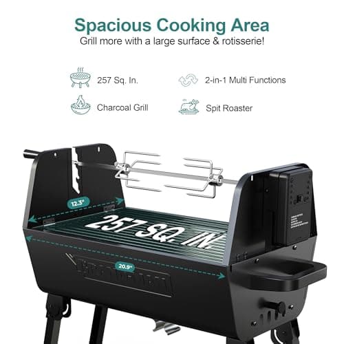 Brand-Man portable Charcoal Grill with Motor, 2-in-1 Adjustable Spit Roaster & BBQ Grill for Camping, Tailgating, Backyard, & Outdoor Cooking, Foldable Legs & dual side vents
