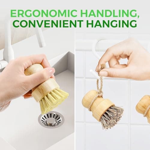 Bamboo Dish Brush Set of 3, 100% Plant-Based Kitchen Dish Brush Bamboo with Sisal and Coconut Bristles, 2 Brush Types, No Scratch Wood Sish Scrub Brush for Dishes, Quick-Drying, Odor Free