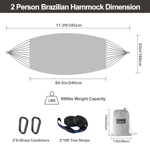 Brazilian Double Hammock with Tree Straps,Extra Large 94x63IN,2 Persons Hammock for Backyard Patio Outdoor and Indoor,450lbs Weight Capacity,Soft Woven Cotton Fabric - Light Grey