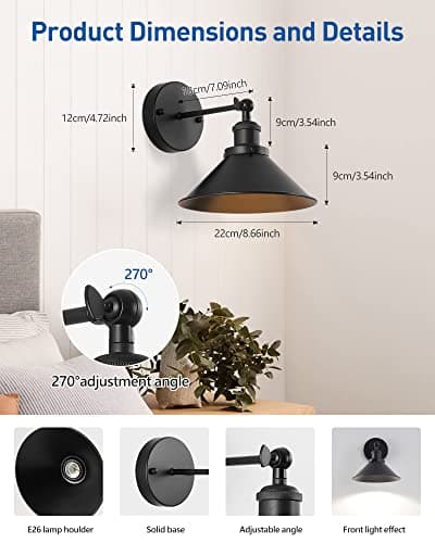 Black Vintage Wireless Battery Operated Wall Sconces, Industrial Cordless Battery Powered Led Wall Lights Set of 2, Wall Lamp Fixture Indoor with Remote Control for Bedroom Farmhouse Gallery