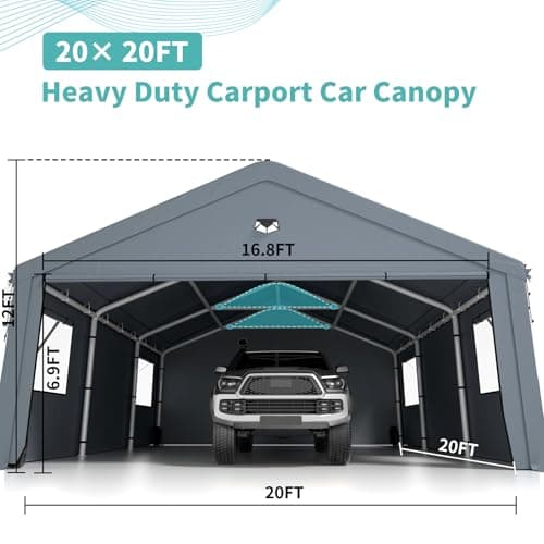 2 Car Carports 20X20 Heavy Duty with Removable Side Walls, Car Port Canopy, Portable Shelter, All Weather, Gray