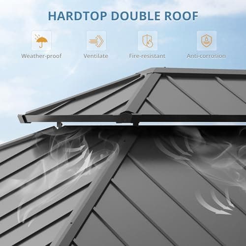 LUE BONA 12'x14' Hardtop Gazebos, Aluminum Frame Permanent Pavilion with Curtains and Netting, Double Galvanized Steel Roof Gazebo Outdoor, Metal Gazebo Canopy for Garden, Lawns, Patio, Black