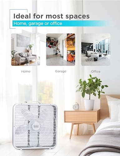 BLACK+DECKER Box Fan with 3 Speed Settings, 20” Box Fan with Carrying Handle, Rotary Knob and Recessed Cord Storage, Portable Fan and Cooling Fan for Home, Office, Garage, Basement & More