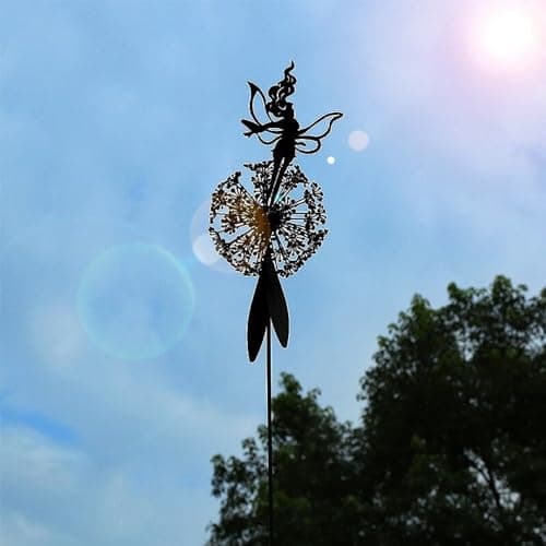 Flower Fairy Dancing with Dandelion Garden Art Sculpture Stainless Steel Statue Christmas Halloween Decoration for Outdoor Yard Courtyard Lawn Patio Metal Ornaments (Open Hands)