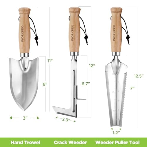 WORKPRO Garden Tool Set, 3 Pcs Gardening Hand Tools with Wood Handle, Weed Puller, Crack Weeder, Hand Trowel, for Planting, Digging, Weeding, Ideal Gardening for Women & Men