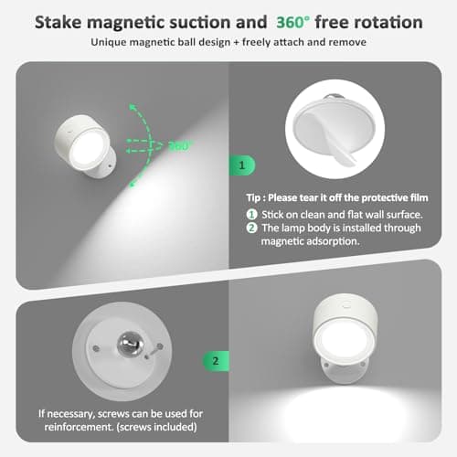 LED Wall Sconces 2 Pcs with Remote, Wall Mounted Lights Rechargeable Battery Operated, 3 Color Temperatures & Dimmable Wall Lamp Magnetic 360° Rotation Wireless Light for Bedroom Living Room