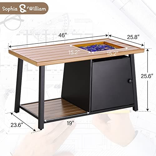 Sophia & William 50,000 BTU Propane Gas Fire Pit Table with Open Storage Space Multifunction Large 46" x 25.8" Rectangular Outdoor Firepits for Outside with Lid and Blue Fire Glass