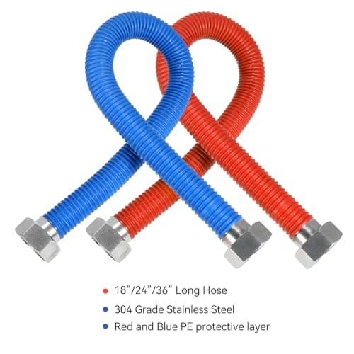 24Inch Flexible Stainless Steel Corrugated Water Heater Connector,1/2"FIP x 1/2"FIP,Flexible Water Heater Hose,Hot and Cold Color Code,304 Stainless Steel Connector and Pipe,PE Protective Layer2Pack