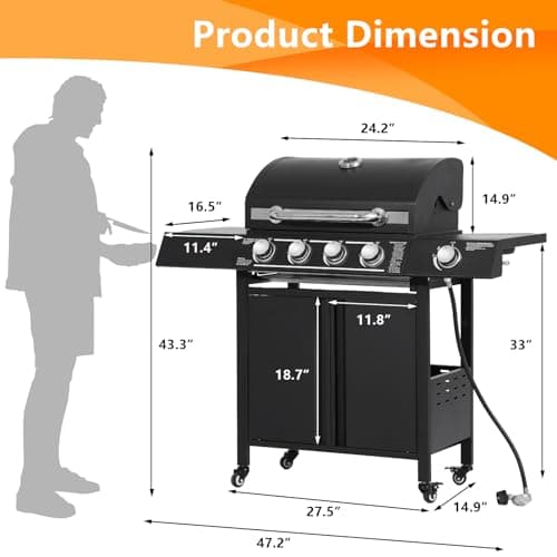 4-Burners Propane Gas Grill with Side Burner, 50,000 BTU Outdoor BBQ Grill, Cast Iron Cooking Grate with Wheels for Outdoor Patio Garden