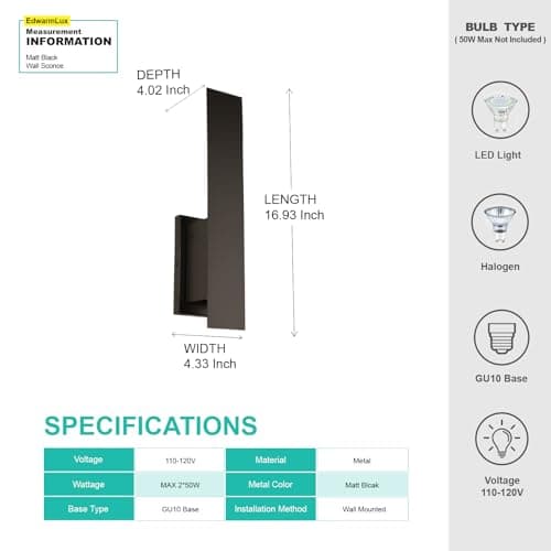 Indoor Wall Sconces, Modern Wall Lights, Up and Down Wall Mount Light, Dimmable Hardwired Wall Light for Bedroom, Living Room, Hallway, GU10 Bulbs Excluded (Matt Black)