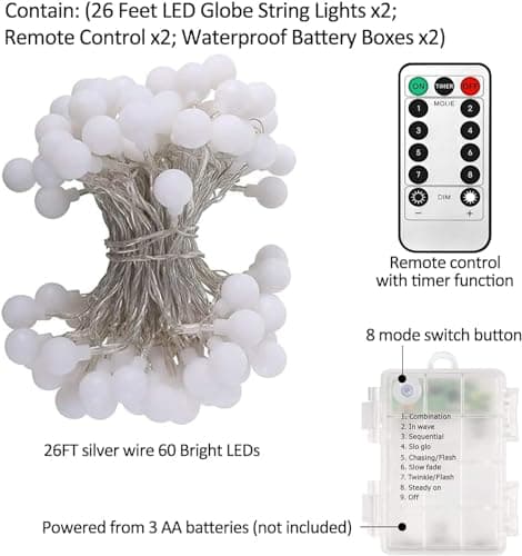 Battery Operated LED Globe String Lights, 2-Pack Total 52FT 120LEDs - Each 26FT 60LEDs 8 Mode Waterproof Christmas Fairy String Lights with Remote for Home Bedroom Garden Wedding Party Decoration