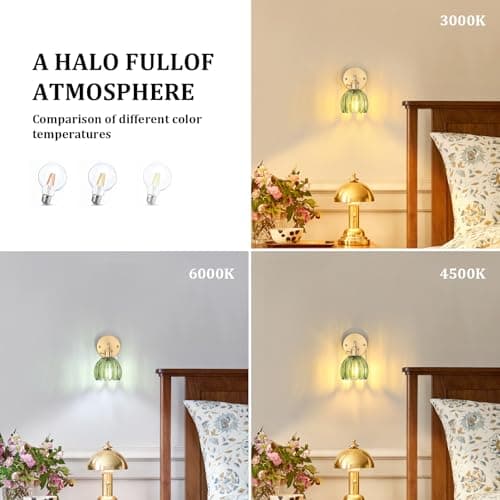 Vintage Wall Sconces with Green Tulip Glass Lampshade 180 Degree Adjustable Brass Sconces Hradwired Modern Wall Lighting Fixture with Switch for Bedside Bedroom Doorway