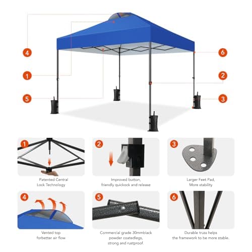 Amada 10x10ft 1-Person Setup Pop Up Canopy Tent - Easy Outdoor Sun Shade for Events, Parties, Camping, Gazebo with Wheel Cover Bag, Beach Tent with 3-Speed Adjustable Height,Blue