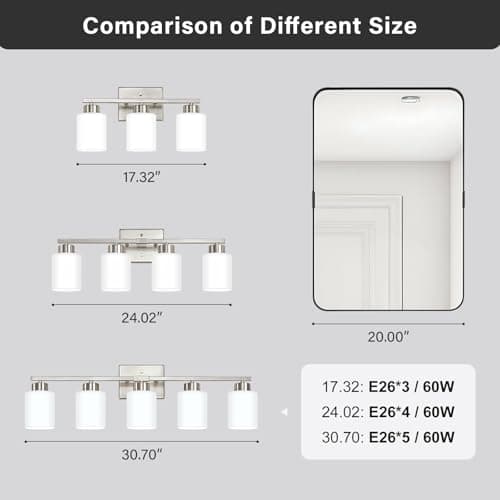 Brushed Nickel Bathroom Light Fixtures, 3-Light Modern Vanity Light Over Mirror, Wall Sconces with Milky White Frosted Glass Shades, E26 Socket (Bulbs Not Included)