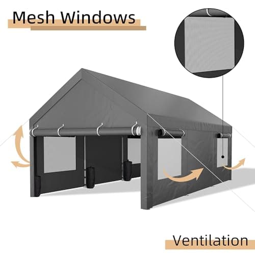 JY QAQA Carport, 12x20 FT Heavy Duty Carport with Removable Side Walls and Doors, Portable Garage with Roll-Up Window and Sandbags, Car Canopy with All-Season Tarp for Cars, Trucks, Boats, Gray