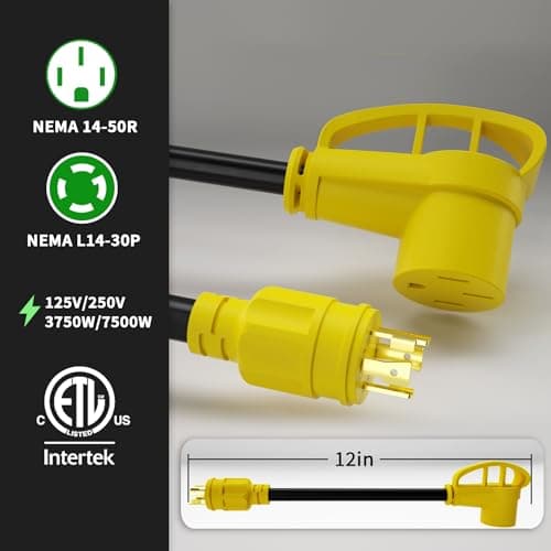30 Amp to 50 Amp RV Generator Adapter Cord 1FT(12 Inch), NEMA L14-30 Male Plug to NEMA 14-50 Female Plug, 4 Prong Heavy Duty Power Cord, 10 Gauge STW, 30A 125V/250V, Black-Yellow, ETL Listed
