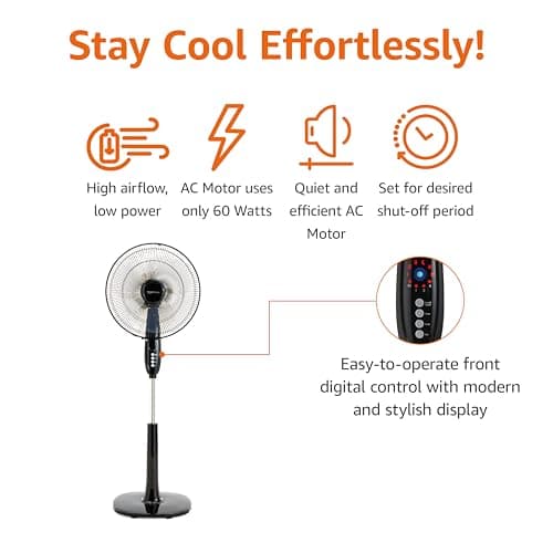 Amazon Basics 16" Pedestal Fan with Remote, Floor Fan, Standing Fan for Bedroom, Living Room, Office, with 3 Speeds, 3 Modes, Timer, Dual-Layered Blades, Adjustable Height, Tilt Head, 60W, Black