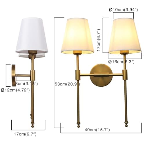 PERMO Classic Rustic Double Sconce 2-Lights Wall Sconce Lighting Fixture with Flared White Textile Lamp Shade and and Antique Brass Finished Long Arm,Wall Sconce Light Fixture for Bathroom Bedroom