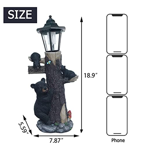 Bear Statue Welcome Sign Garden Statue with Solar Lights, 19 Inches Resin Bear Family on The Tree, Outdoor Bear Décor for Yard, Garden, Lawn, Patio, Black and Brown Animal Statue