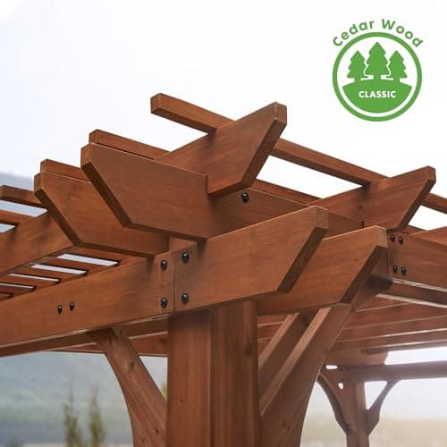 Backyard Discovery Ashland 14' x 10' Cedar Wood Pergola Kit with Trellis Roof, Built-In Bar Top, All-Season Durability, High-Wind Rating, PowerPort, Shade for Outdoor Patio, Deck, Garden, Entertaining
