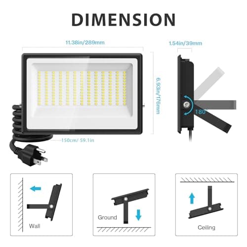 Olafus 2 Pack 150W LED Flood Light Outdoor, 13500LM Super Bright Work Lights Plug in, 6500K, IP66 Waterproof Exterior Floodlight for Stadium Yard Barn