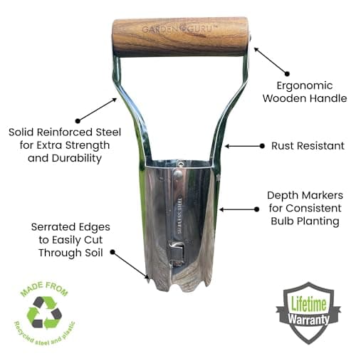 Garden Guru Eco Bulb Planter - 100% Recycled Stainless Steel - Rust Resistant - FSC Certified Wood Ergonomic Handle - Depth Marker for Consistent Planting Flowers Tulips, Daffodils, Dahlias
