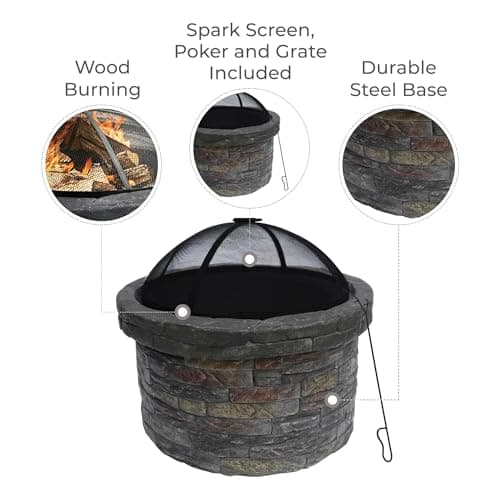 Teamson Home 26.5 in. Round Decorative Faux Slate Stone Outdoor Wood Burning Fire Pit with Spark Screen, Poker and Grill Grate for Self-Contained Fires for Entertaining at Home, Multicolored Stone