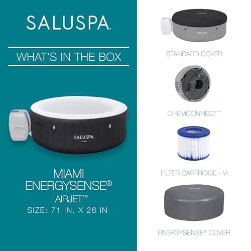 Bestway SaluSpa Miami EnergySense AirJet Inflatable Hot Tub Spa (71" x 26") | Portable Hot Tub with 2 Covers (1 Energy-Efficient Thermal Cover and 1 Standard Cover) | Fits Up to 2-4 Persons | Black