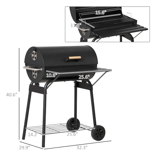 Outsunny 30" Portable Barrel Charcoal BBQ Grill, Steel Outdoor Barbecue Smoker with 370 Square Inches Cooking Space, Storage Shelf, Wheels for Garden Camping Picnic, Black