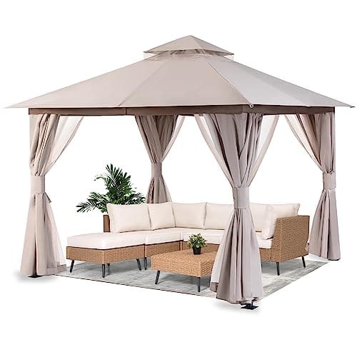 LAUSAINT HOME Outdoor Patio Gazebo with Expansion Bolts, Double Roof Soft top Gazebos Shelter Party Tent with Mosquito Nettings and Privacy Screens for Backyard, Deck, Garden, Lawn (10x10, Khaki)