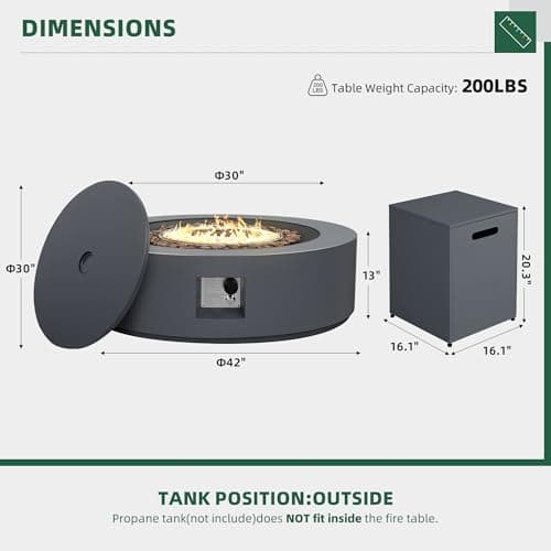 UPHA 42-inch Outdoor Propane Gas Fire Pit Table 50000 BTU Iron Round FirePit for Outside Patio with Tank Hidden Table, Removable Lid, Lava Rocks, Rain Cover, Grey