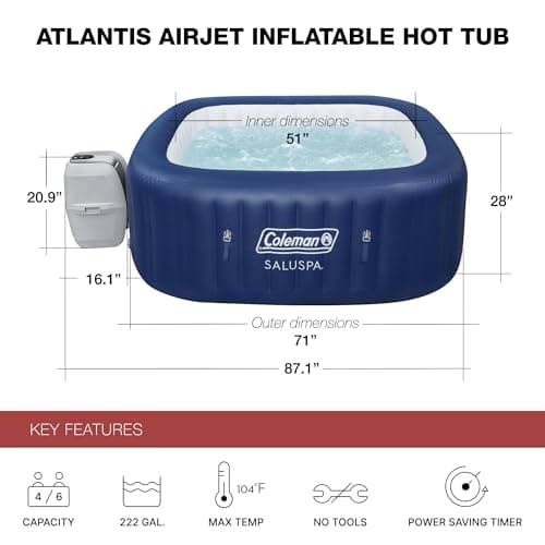 Coleman SaluSpa Atlantis AirJet 4 to 6 Person Inflatable Hot Tub Square Portable Outdoor Spa with 140 Soothing Jets with Cover, Blue