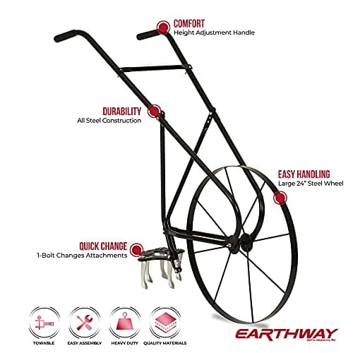 EarthWay 6500 High Wheel Tubular High Wheel Cultivator with Comfort Handle with 3- Position Adjustable, Quick Change Implements, and 24 Inch Steel Wheel
