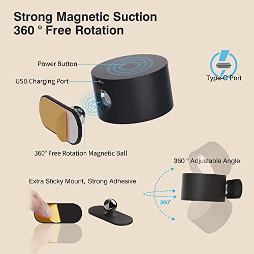 LED Wall Sconce, Wall Mounted Lamp with Rechargeable Battery Operated USB Port 3 Color Temperature & 3 Brightness Level 360°Rotate Magnetic Ball, Cordless Light for Reading Study Bedside