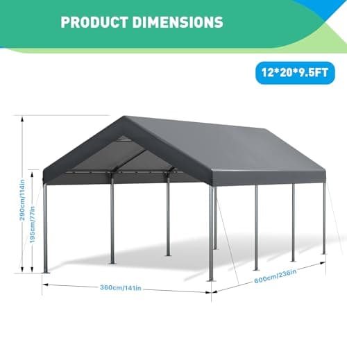 12x20 Ft Heavy Duty Carport, Portable Garage with Doors, Ventilated Windows, Waterproof and UV Resistant Carport Canopy for Cars, Boats, Suvs, Gray