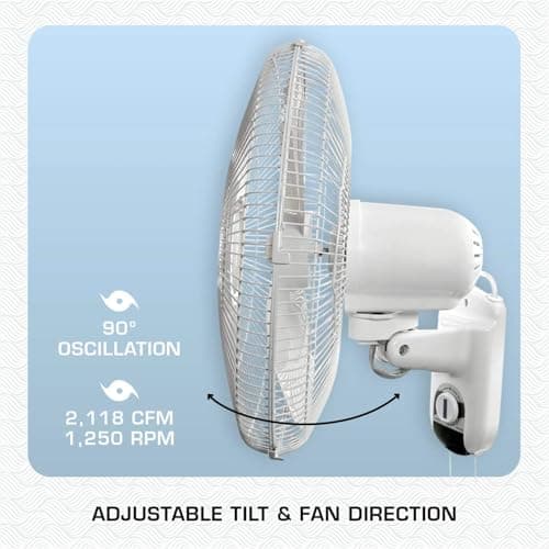 Hurricane Classic Oscillating Wall Mount Fan w/ 3 Quite Speeds, White, 16" - Corded Electric Air Cooling Unit w/Easy Pull Cord Controls for Home, Grow Tents, Offices, Sheds, Studios, Garages & Dorms