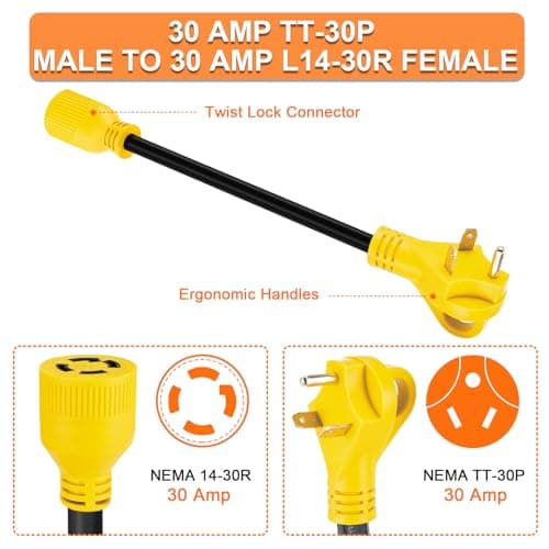 Generator Transfer Switch Adapter Cord NEMA TT-30P to L14-30R, 3 Prong 30 Amp RV Generator TT-30 Male Plug to 4 Prong 30 Amp Inlet Box L14-30 Female Connector, STW 10AWG/3C, ETL Listed