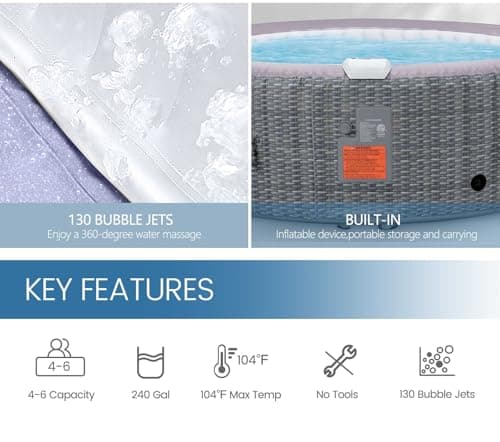 82" Inflatable Hot Tub with 130 Bubble Jets, Rattan Portable Outdoor Spa for 4-6 Adults, Smart Heating up to 104°F, Build in FastFill System, 6 Replaceable Filters (Round Laminated PVC)