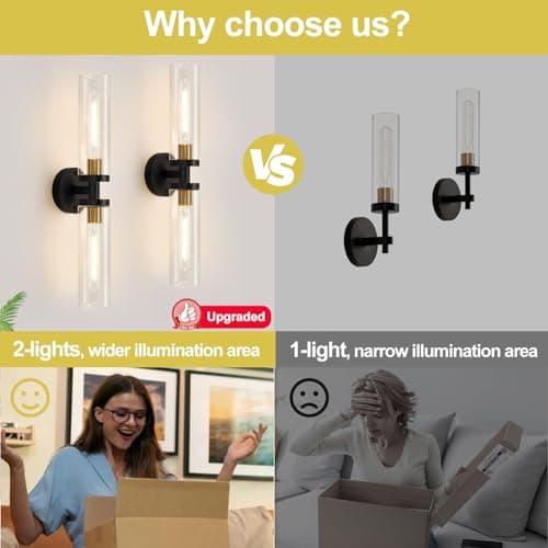 Wall Sconces Set of Two, Black and Gold Bathroom Sconces Wall Lighting with Clear Glass, Modern Sconces Wall Decor Set of 2 Wall Light fixtures for Bathroom Mirror Living Room Hallway Bedroom