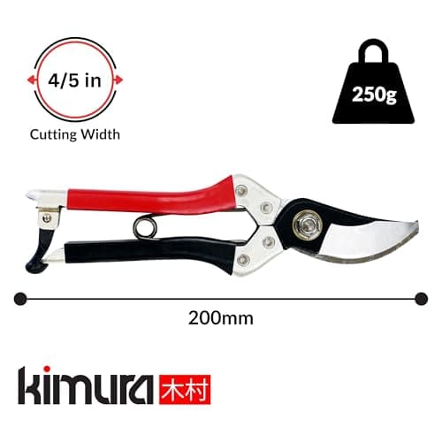 Kimura® 8" Samurai Garden Pruning Shears, [Made in Japan], Heavy Duty Premium Japanese Yasugi Steel Blades, Non-Slip Vinyl Coated Handles, Ergonomic, Japanese Bypass Pruning Shears
