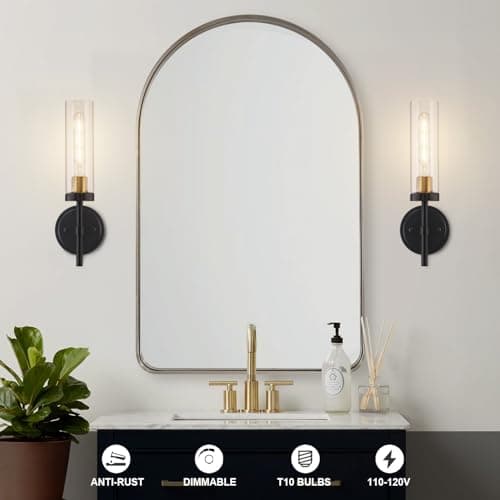 Black and Gold Hardwired Wall Sconces Set of 2, Modern Bathroom Vanity Sconces Wall Lighting with Clear Glass Shade, Farmhouse Wall Mount Lights for Mirror Bedroom Living Room Hallway Kitchen