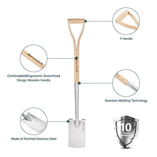 Garden Digging Spade, 41" Stainless Steel Square Border Spade, Heavy Duty European Shovel with D-Grip Handle, Traditional English Style Flat Shovel for Digging, Yard Work, Transplanting