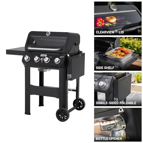 Monument Grills 4-Burner Liquid Propane Gas Grill, Matte Black Stainless Steel Burner Grill with Clearview® Lid and One Foldable Shelf for Outdoor Cooking Kitchen Patio Backyard Barbecue, Mesa420MF