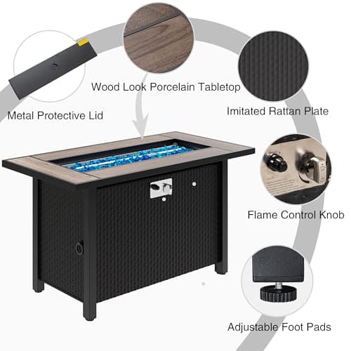 Meilocar 45in Fire Table, Propane Fire Pit with Glass Wind Guard and Rain Cover, Outdoor Firepit Table 50000 BTU 3-in-1 Fire Table for Patio/Yard/Balcony, Walnut Tabletop
