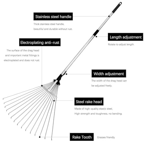 Buyplus Adjustable Garden Leaf Rake - 24 to 63 Inch Telescopic Metal Expandable Folding Leaves Rake for Lawn Yard, Flowers Beds, Black