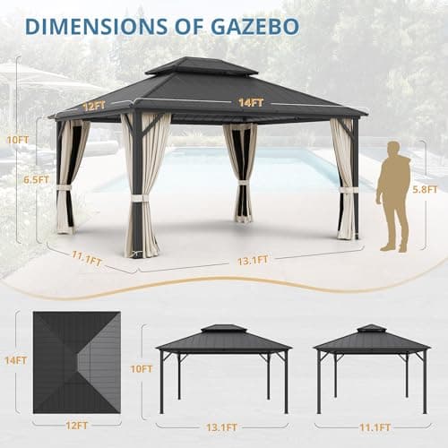 LUE BONA 12'x14' Hardtop Gazebos, Aluminum Frame Permanent Pavilion with Curtains and Netting, Double Galvanized Steel Roof Gazebo Outdoor, Metal Gazebo Canopy for Garden, Lawns, Patio, Black