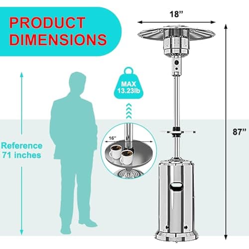 48,000 BTU Patio Heater, Stainless Steel Propane Heater With Wheels, Portable Outdoor Heaters for Patio, Backyard, Balcony, Silver
